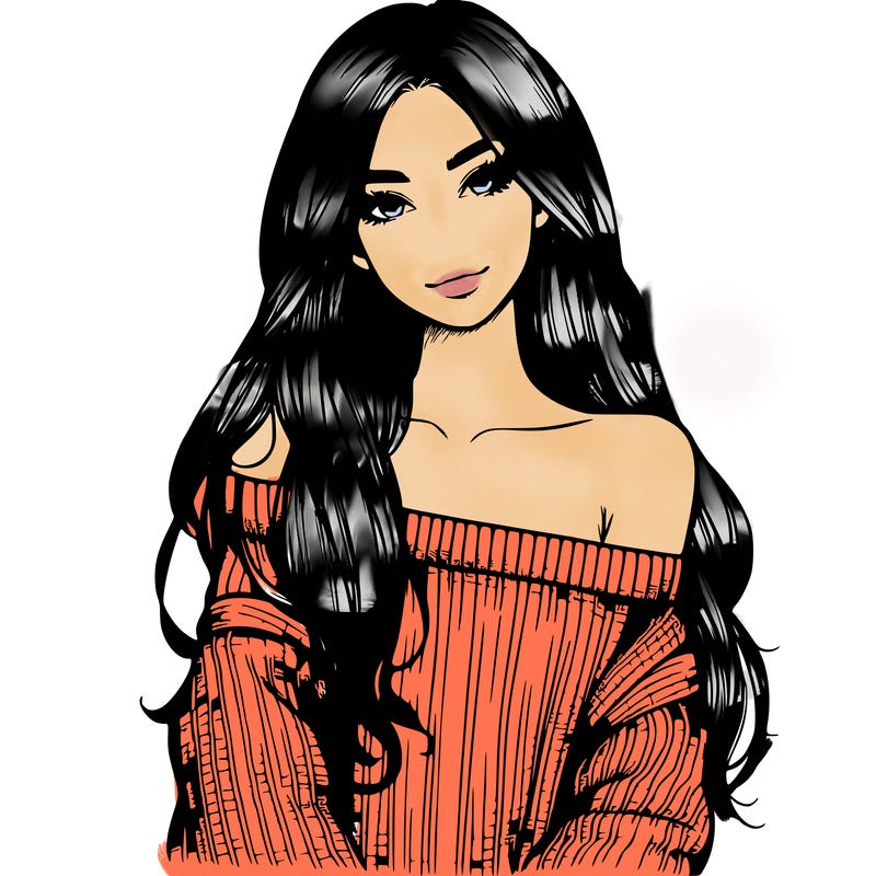 realistic girl with long hair wearing an off the shoulder sweater