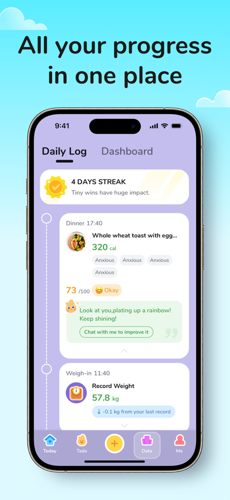 Interfaz de la aplicación Tada que muestra un registro diario con etiquetas de estado de ánimo para el seguimiento de alimentos y progreso de peso.