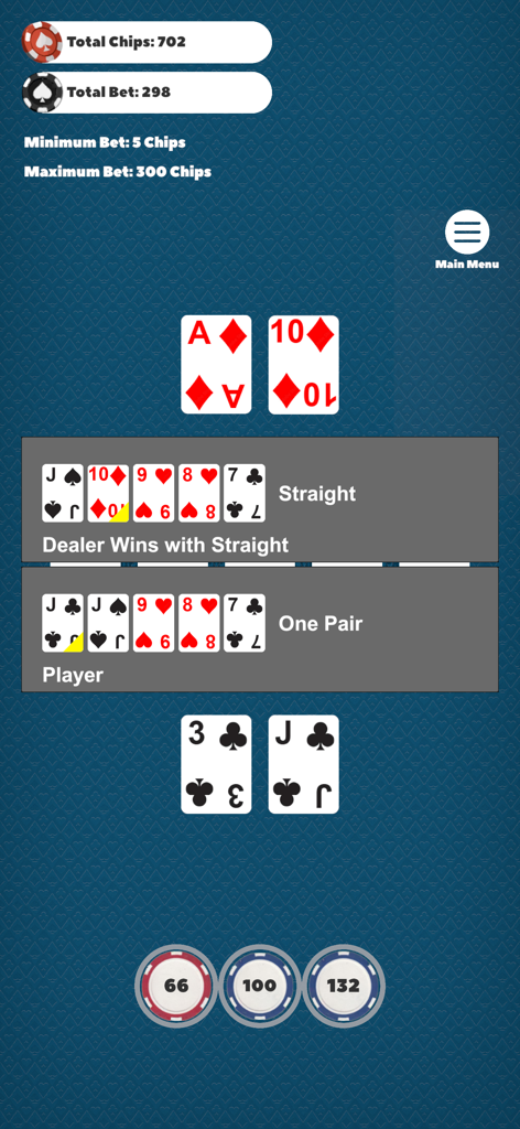 Holdem Poker Duo - Una pantalla de juego mostrando al crupier ganando con una escalera contra el jugador en Holdem Poker Duo.