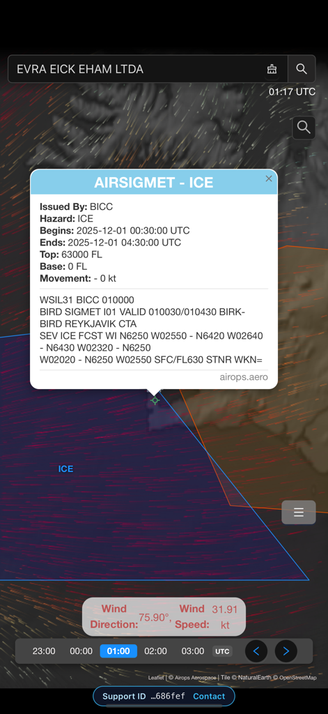 Airops Copilot - Airops Copilot weather map showing AIRSIGMET ice hazard details and wind speed data