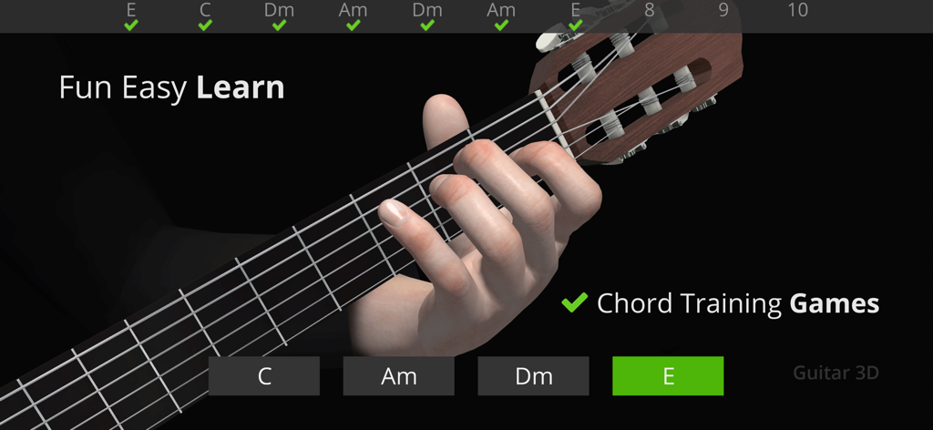 Guitar 3D - Basic Chords - 3D visualization of hand positions for guitar chord training game