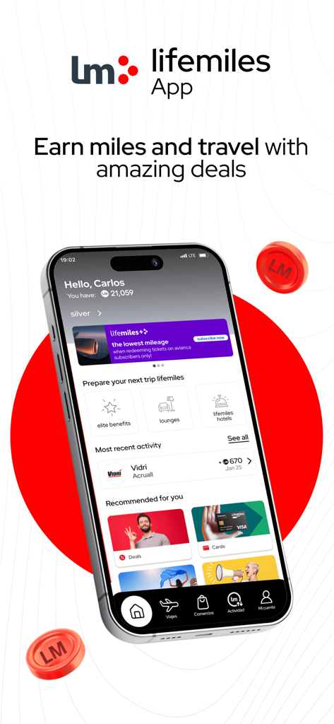LifeMiles app dashboard showing member account balance and travel deals on a smartphone