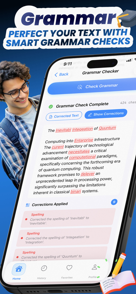 Justdone AI Detector - Mobile app interface of Justdone AI grammar checker showing automated spelling and grammar corrections for an academic text
