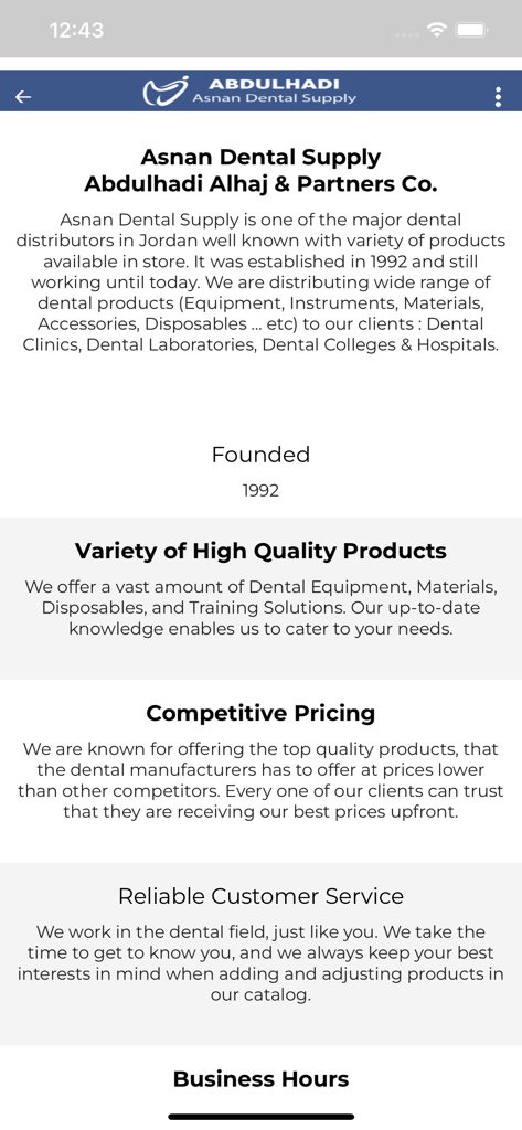 Abdulhadi -Asnan Dental Supply - About Us page of Abdulhadi Asnan Dental Supply app showing company history and core values