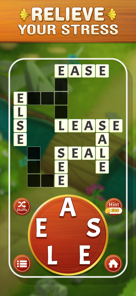 Gameplay screen of Game of Words featuring a crossword puzzle and letter wheel over a relaxing garden background.