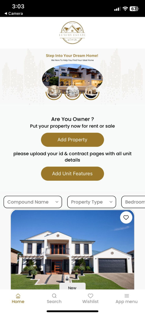 La pantalla de inicio de la aplicación Luxury Estate mostrando listados de bienes raíces premium y opciones para que los propietarios agreguen propiedades.