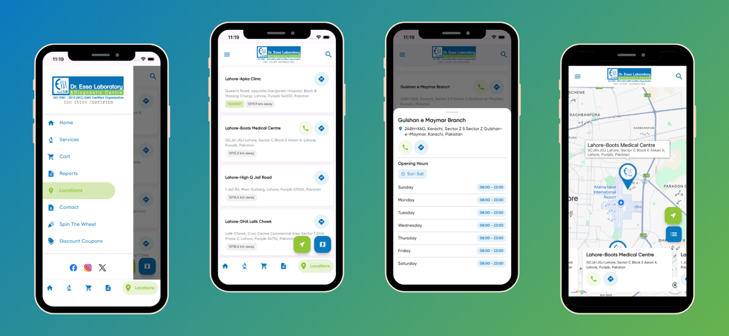 Dr. Essa Lab - Mobile app interface for Dr. Essa Lab showing laboratory locations and branch details