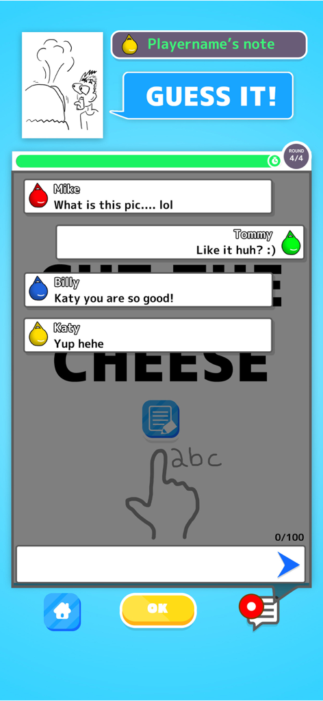 Online Telephone Game - TELPIC - Players guessing a drawing in the chat of the TELPIC online telephone game