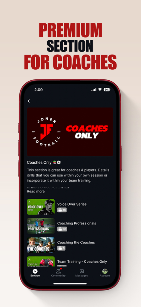 Joner Football App - Una interfaz de aplicación móvil para entrenadores de fútbol que muestra ejercicios de entrenamiento premium y series de entrenamiento profesional.