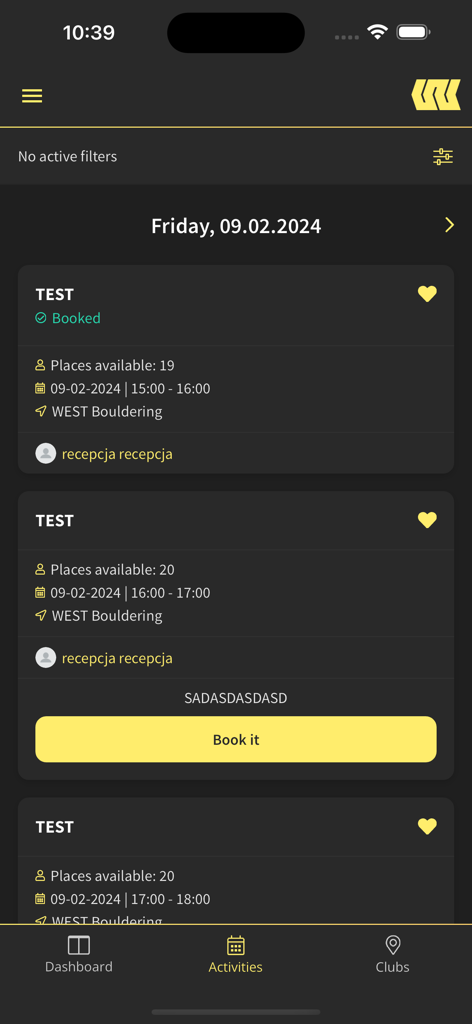 West Bouldering - Tela de programação do aplicativo West Bouldering mostrando sessões disponíveis e opções de reserva de aulas