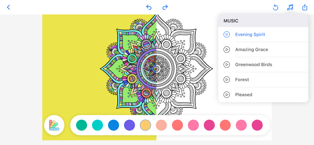 Drawing Apps - 半分色付けされた曼荼羅、下のカラーパレット、リラクゼーションのための音楽選択メニューを表示するデジタルカラーリングインターフェース。