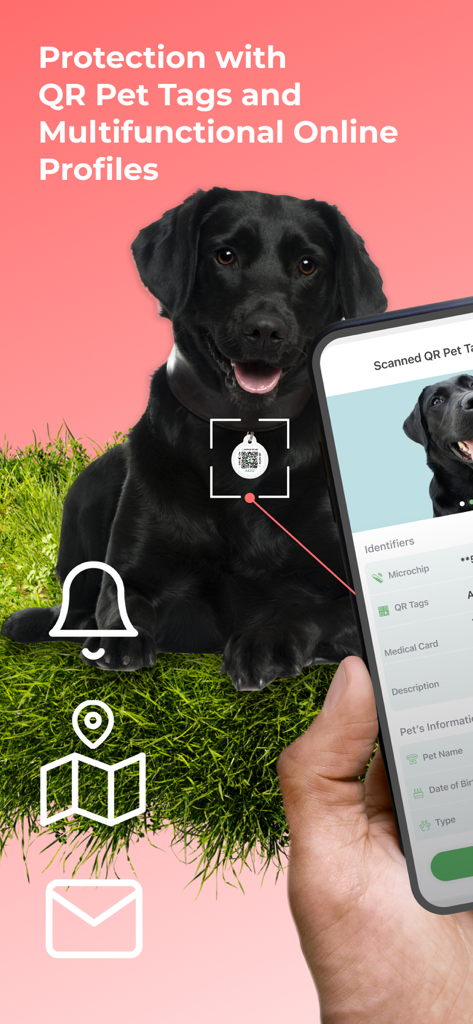 Pet Care, ID & GPS Tracker - Un perro negro con una etiqueta QR para mascotas y un smartphone mostrando su perfil de identificación digital