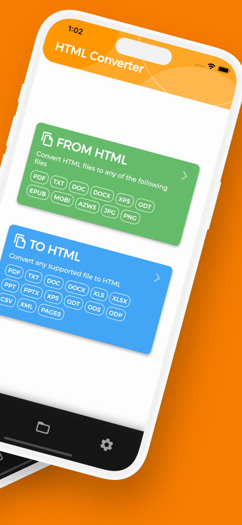 HTML 변환기 앱의 메인 인터페이스로, HTML과 PDF, Word, EPUB 등 여러 문서 형식 간의 변환 옵션을 보여줍니다.