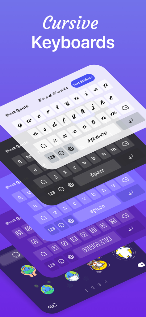 Multiple layers of custom mobile keyboards showing various aesthetic font styles and cute stickers
