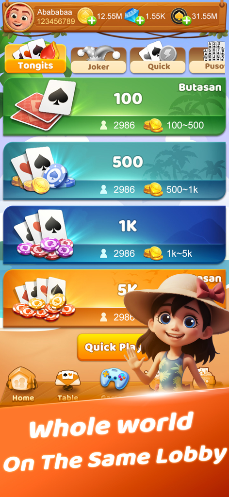 Tongits Lin - Tongits Lin mobile app lobby showing various card game modes and betting stakes