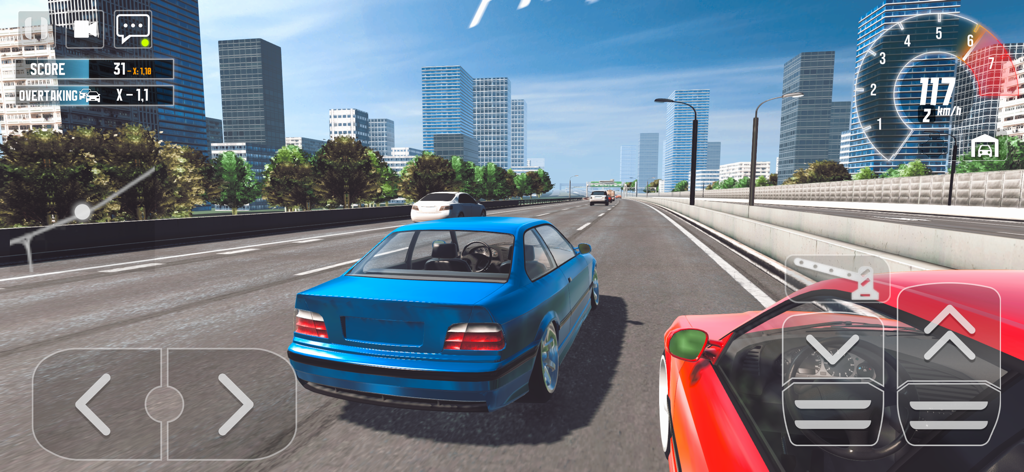 Un coche azul conduciendo en una autopista urbana en el simulador de juego de carreras de coches Japan Highway