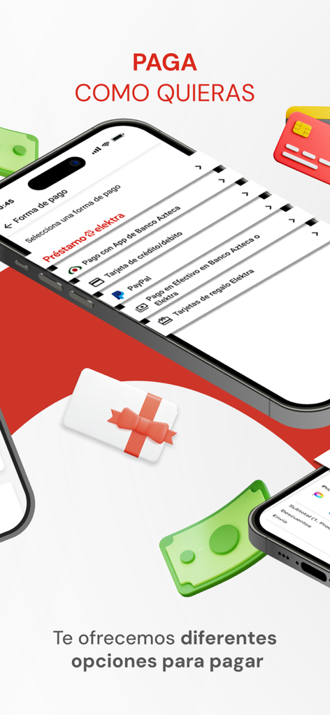 Mobile screen of the Elektra app showing various payment options including Prestamo Elektra credit cards and PayPal.