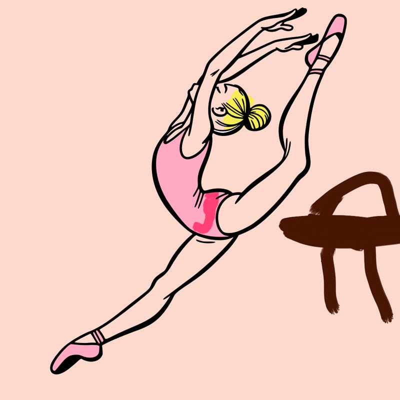 gymnast doing a leap in a leotard with a bent back leg