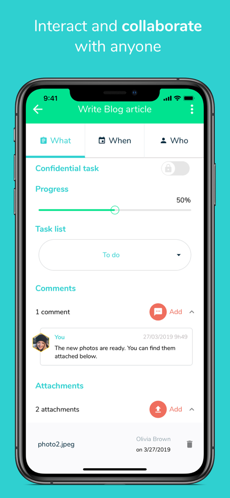 Interface of the Beesbusy app showing task progress, comments, and file attachments for a collaborative project.