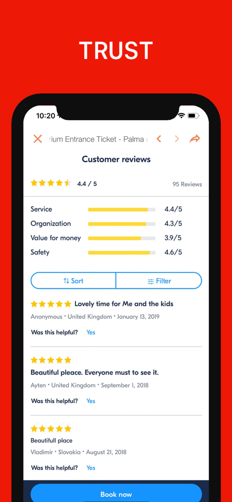 Bildschirm einer mobilen App mit Kundenrezensionen und Bewertungen für Mallorca-Reiseaktivitäten mit einer Gesamtpunktzahl von 4,4 von 5.
