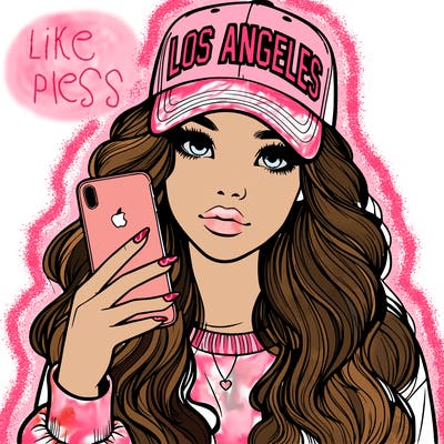 realistic beautiful girl wearing los ángeles cap holding an iphone