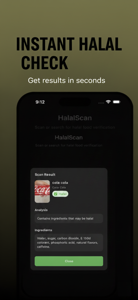 Smartphone screen displaying an instant halal verification for a soda drink showing ingredients list.