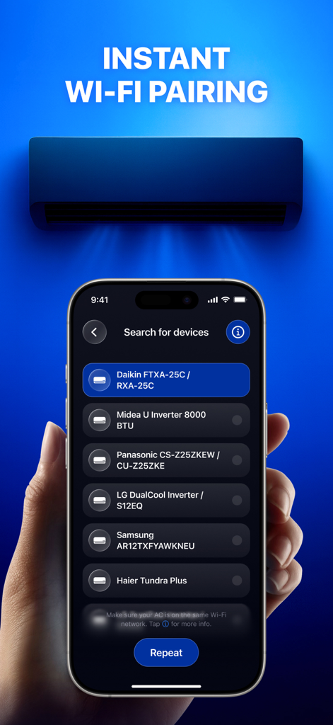 Air Conditioner Controller ‧ - Pantalla de smartphone mostrando la aplicación Air Conditioner Controller buscando y emparejando con múltiples marcas de CA a través de Wi-Fi.
