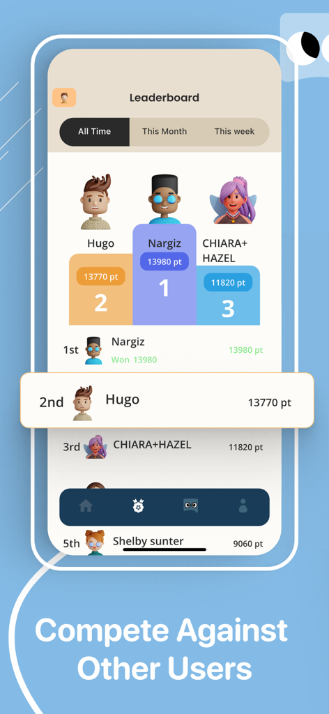Der Ranglistenbildschirm der Preptly App, der Schülerplatzierungen und Punkte für die wettbewerbsorientierte SAT-Vorbereitung anzeigt.