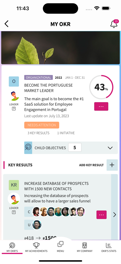 GFoundry - GFoundry Mobile App-Bildschirm zur Verfolgung von Mitarbeiterzielen und Schlüsselergebnissen