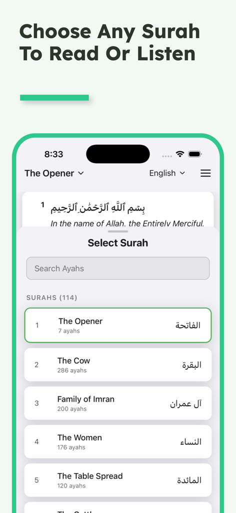 Allah Speak: Quran Chat - Interfaz de la aplicación Allah Speak que muestra una lista de surahs del Corán para elegir para leer o escuchar