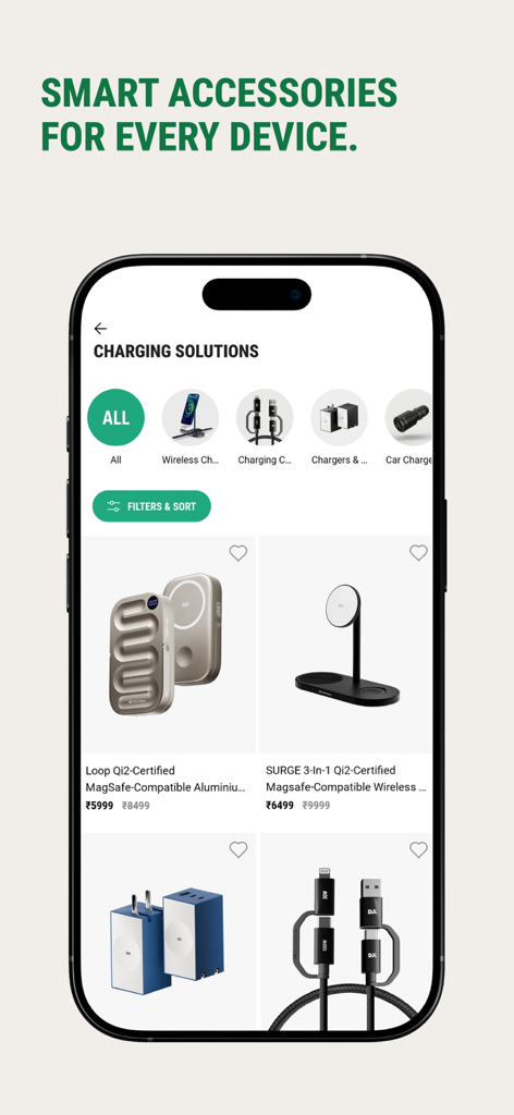 DailyObjects app interface showing a collection of smart charging accessories and power solutions.