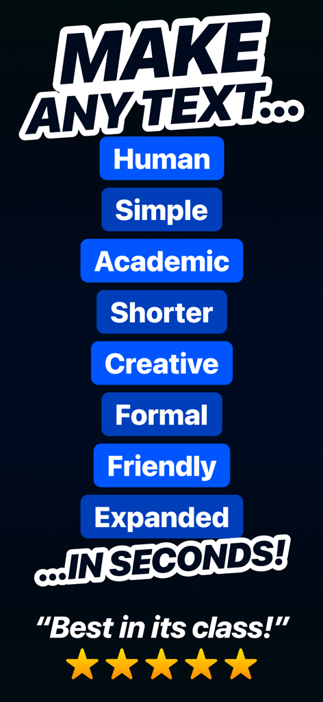 Uma lista de estilos de escrita no aplicativo Natural Write, incluindo Humano, Acadêmico, Formal e Amigável, com uma classificação de 5 estrelas.