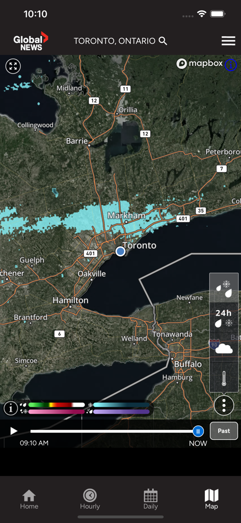 Global News SkyTracker - The Global News SkyTracker app showing a detailed interactive weather radar map of Toronto.