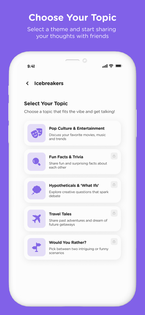 Chattr: Fun Quiz Games - Interfaz de la aplicación Chattr mostrando temas de rompehielos que incluyen Cultura Pop, Datos Curiosos, Hipótesis y Relatos de Viaje.