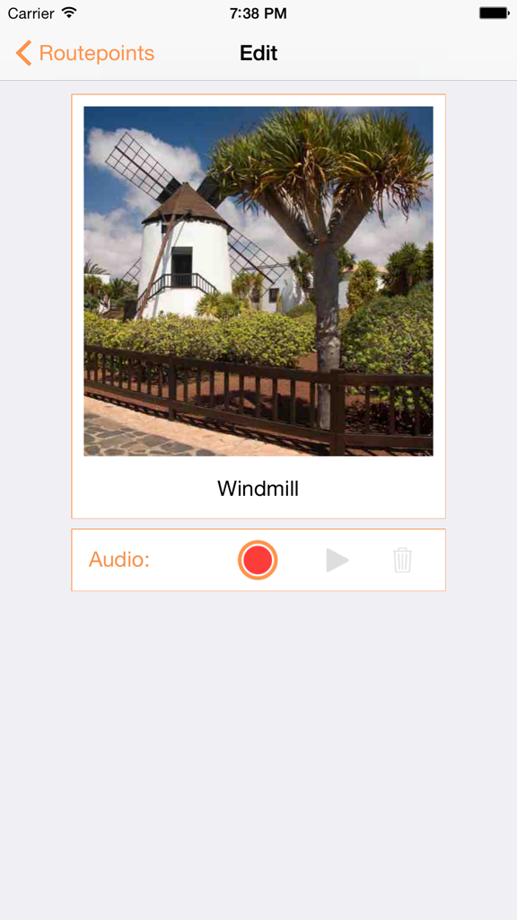 Bearbeitungsbildschirm für einen Gedächtnisroutenpunkt, der ein Bild einer Windmühle und Werkzeuge zur Audioaufnahme zeigt