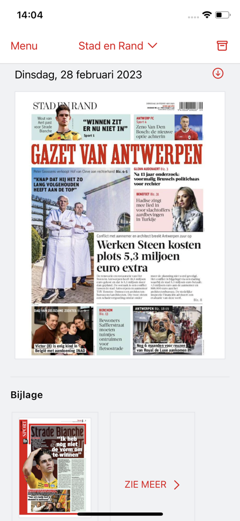 Gazet van Antwerpen - Interface of the Gazet van Antwerpen mobile app displaying a digital newspaper edition