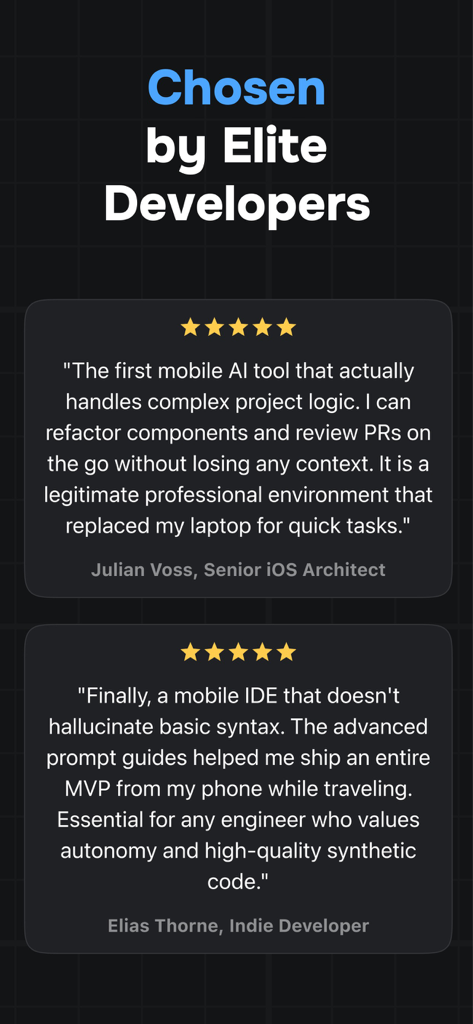 Mobile IDE for Antigravity AI - User testimonials and five star ratings from professional software engineers for the Antigravity AI mobile coding app