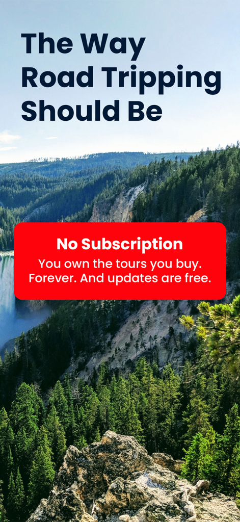 GuideAlong | GPS Audio Tours - Scenic mountain and waterfall view with text explaining no subscription required for guidealong tours