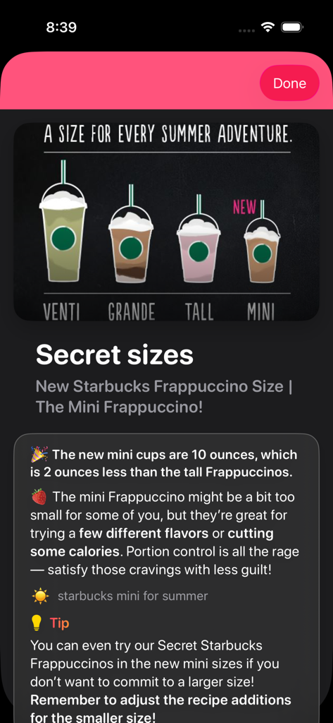 Starbucks secret sizes menu featuring the new 10 ounce mini frappuccino option