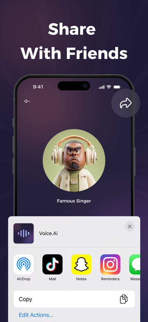 Interfaccia dell'app Voice FX che mostra le opzioni di condivisione per una clip vocale generata dall'IA su piattaforme di social media