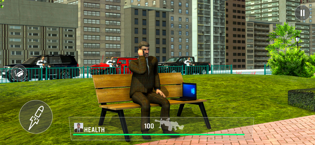 Vip Security Simulator Game - A billionaire sitting on a bench protected by armed guards and SUVs in a city park