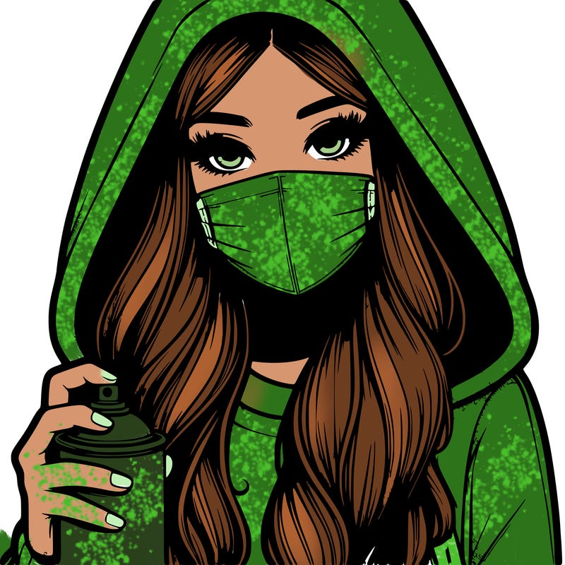 girl wearing a mask with long hair with her hood up spray-painting realistic