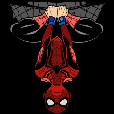 spiderman hanging on his web upside-down