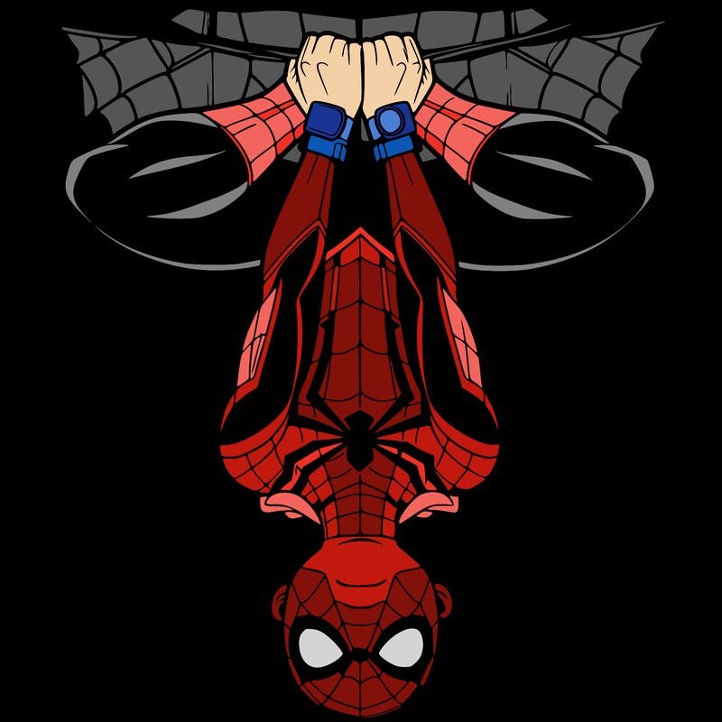 spiderman hanging on his web upside-down