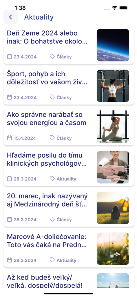 News and articles section of the OLUP Predna Hora app displaying health and facility updates