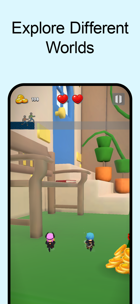 Pantalla de juego de Wobbly Life mostrando héroes en miniatura explorando una habitación grande y recolectando monedas de oro