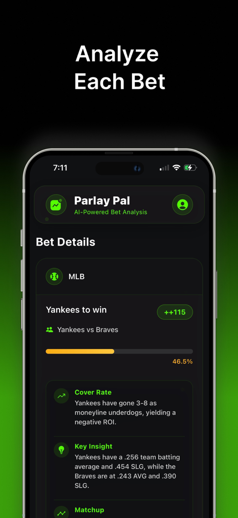 Parlay Pal - Parlay Pal app screenshot showing AI powered sports betting analysis for a Yankees versus Braves MLB game
