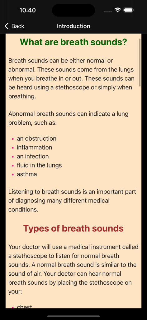 Heart Sounds and Lung Sounds - Introduction screen explaining breath sounds and medical conditions in the Heart Sounds and Lung Sounds app.