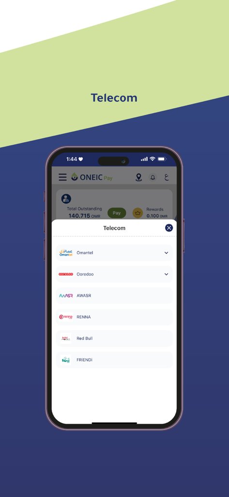 ONEIC Pay - ONEIC Pay app screen displaying a list of Omani telecom providers like Omantel and Ooredoo for bill payment