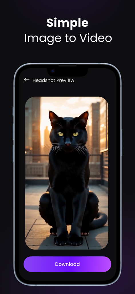 AI Video Generator: TrendVideo - A mobile app interface displaying a black cat headshot with a download button for AI video generation